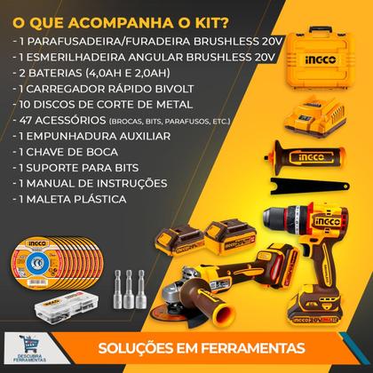 Imagem de Combo Parafusadeira de Impacto Á Bateria 20V Com Esmerilhadeira 115mm C/ 1 Bateria 2 AH e 1 Bateria 4 Ah Profisisonal Ingco