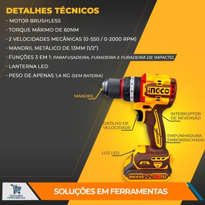 Imagem de Combo Parafusadeira de Impacto Á Bateria 20V Com Esmerilhadeira 115mm C/ 1 Bateria 2 AH e 1 Bateria 4 Ah Profisisonal Ingco