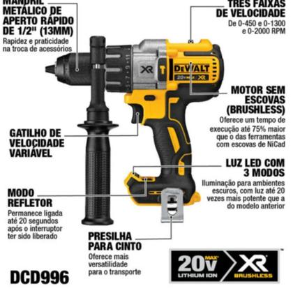 Imagem de Combo Parafusadeira/Furadeira de Impacto 1/2" 20V MAX Dewalt com 2 Baterias 5Ah e Carregador - DCD996P2T-BR