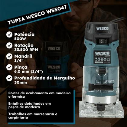 Imagem de Combo Tupia 1/4 500w Ws5047 + Fresas Com Maleta Wesco Vonder