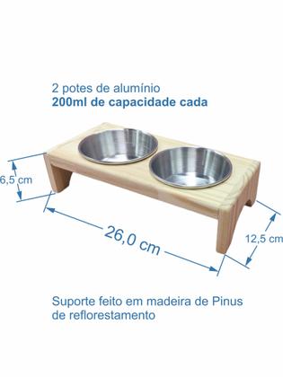 Imagem de Comedouro para gatos e cachorro pequeno porte agua e ração 2 potes com base de madeira