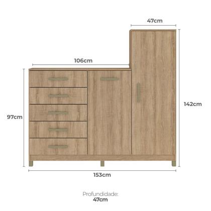 Imagem de Cômoda 2 Portas 5 Gavetas com Cabideiro e Pés Chicago