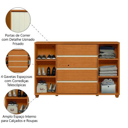 Imagem de Cômoda 2 Portas de Correr Frisadas 4 Gavetas Flex Hera Madeirado/Off White Albatroz