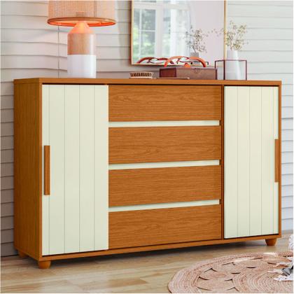 Imagem de Cômoda 2 Portas de Correr Frisadas 4 Gavetas Flex Hera Madeirado/Off White Albatroz