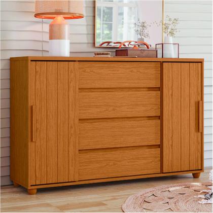 Imagem de Cômoda 2 Portas de Correr Frisadas 4 Gavetas Flex Hera Madeirado/Off White Albatroz