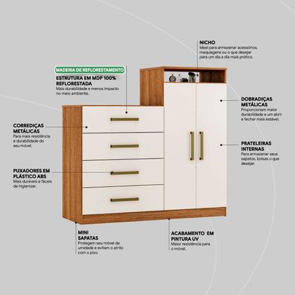 Imagem de Cômoda 2 Portas e 4 Gavetas Áurea com Pés Amendola/Off White - Demóbile