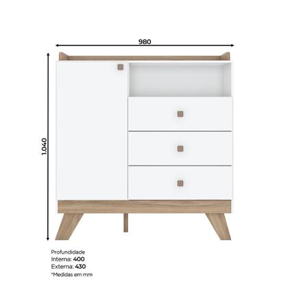 Imagem de Cômoda 3 Gavetas 1 Porta Confete Henn - Branco/Jequitibá HP