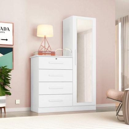 Imagem de Cômoda 4 Gavetas 1 Porta Com Espelho Elise Plus Branco Fosco