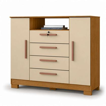 Imagem de Cômoda 4 Gavetas 2 Portas Quarto Casal Solteiro Carvalho Americano Off White ÉdeCasaMóveis