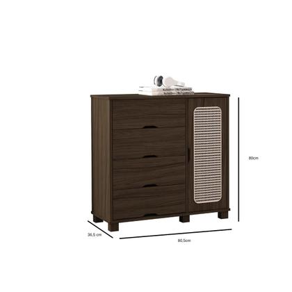 Imagem de Cômoda 4 Gavetas Com 1 Porta Sapateira Design Atemporal Moderno Linha Clara Para Quarto Com detalhe em Rattan