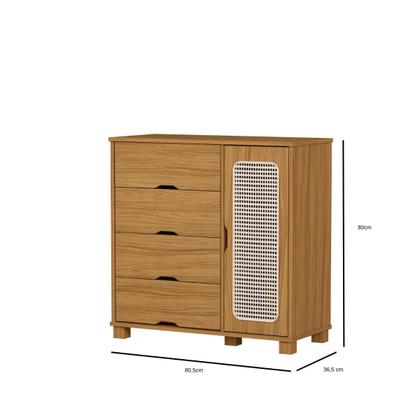Imagem de Cômoda 4 Gavetas Com 1 Porta Sapateira Design Atemporal Moderno Linha Clara Para Quarto Com detalhe em Rattan
