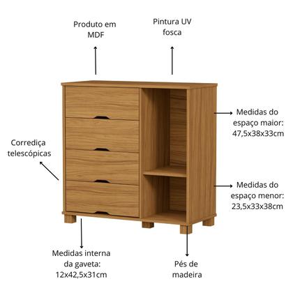 Imagem de Cômoda 4 Gavetas Com 1 Porta Sapateira Design Atemporal Moderno Linha Clara Para Quarto Com detalhe em Rattan