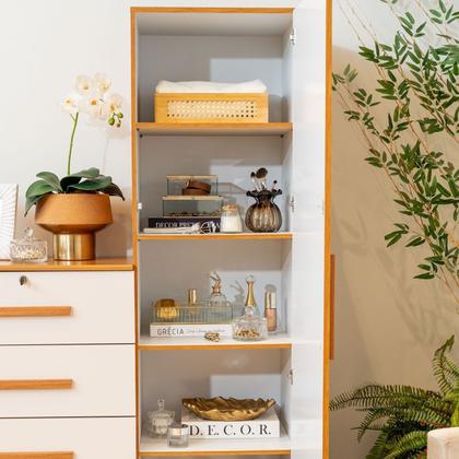 Imagem de Cômoda 4 Gavetas com Espelho 1 Porta Cancun Bege Cinamomo Off White