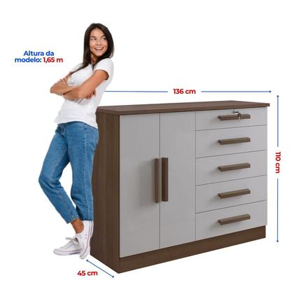 Imagem de Cômoda 5 Gavetas e com Chave Tampo e Frente em Mdf Zeus