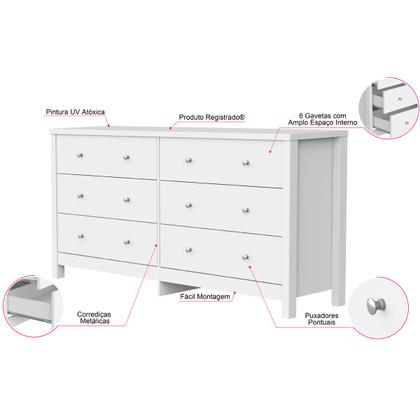 Imagem de Cômoda 6 Gavetas  Quarto Bebê Infantil Casal Solteiro Multifuncional Grande Branca
