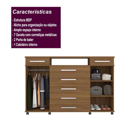 Imagem de Cômoda 7 Gavetas 2 Portas 1 Cabideiro 1 Nicho com Rodizios London