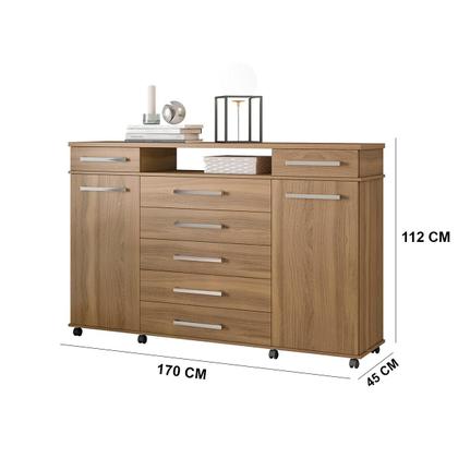 Imagem de Cômoda 7 Gavetas 2 Portas 1 Cabideiro 1 Nicho com Rodizios Mônaco