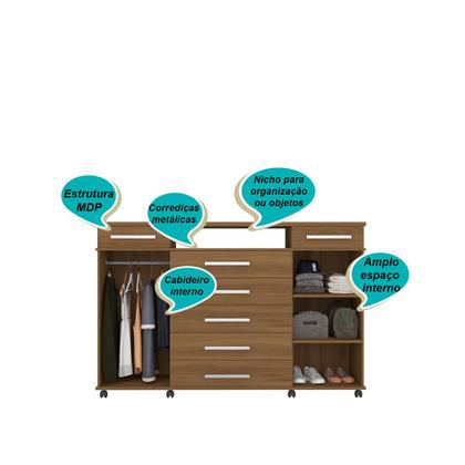 Imagem de Cômoda 7 Gavetas 2 Portas 1 Cabideiro 1 Nicho com Rodizios Mônaco