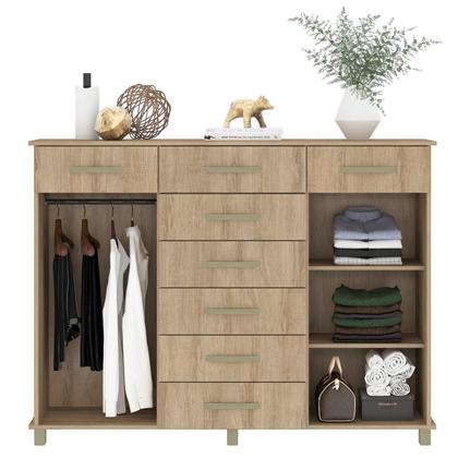 Imagem de Cômoda 8 Gavetas 2Gavetas com Cabideiro e Pés Malibu Mel
