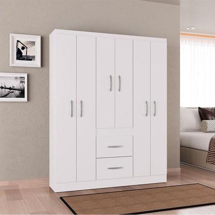 Imagem de Cômoda 868 4 Gavetas E 1 Porta Com Guarda Roupa Casal Milão 6 Portas Branco Brilho - Poquema