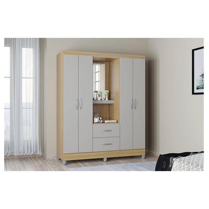 Imagem de Cômoda 868 4 Gavetas e 1 Porta com Guarda Roupa Solteiro Córdoba 4 Portas Damasco Off White - Poquema