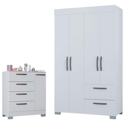 Imagem de Cômoda 868 4 Gavetas e 1 Porta com Guarda Roupa Solteiro Tóquio 4 Portas Branco Brilho - Poquema