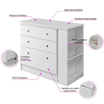 Imagem de Cômoda Bebê Com Colchão Trocador  Impermeavel Fraldas Roupas Infantil Mesa Giratoria Varias Posicões Nicho Lateral Para Apoio  Acessorios