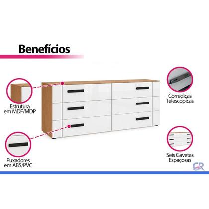 Imagem de Cômoda Casal Lisboa c/ 6 Gavetas Branco - Politorno