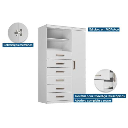 Imagem de Cômoda Casal Marabá 1.6 1 Porta + 2 Nichos e 6 Gavetas c/ Espelho Branco - Santos Andirá