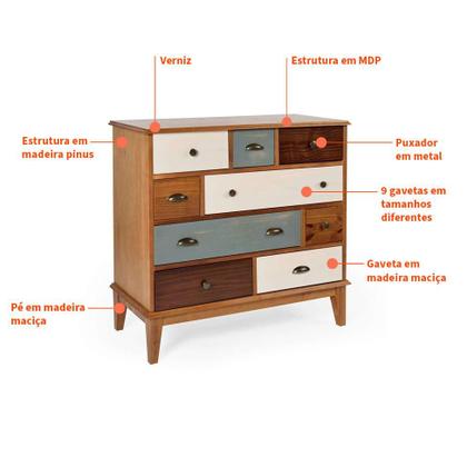 Imagem de Cômoda Colors Madeira Maciça 9 GV Castanho Verniz e Colorido Envelhecido