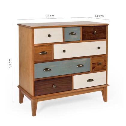 Imagem de Cômoda Colors Madeira Maciça 9 GV Castanho Verniz e Colorido Envelhecido