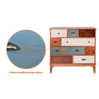 Imagem de Cômoda Colors Madeira Maciça 9 GV Castanho Verniz e Colorido Envelhecido