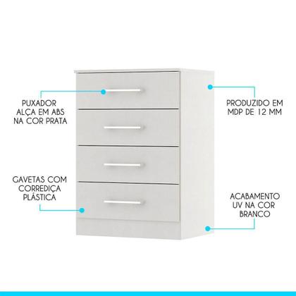 Imagem de Cômoda Com 4 Gavetas P- Quarto Solteiro Mdp 2007 Menu Móveis Branco