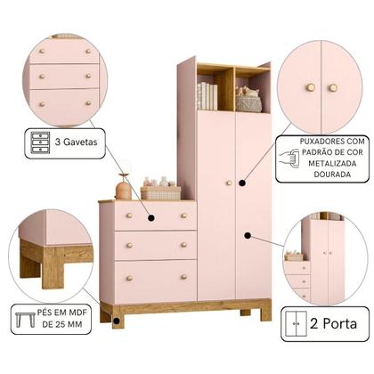 Imagem de Comoda Com Guarda Roupa Infantil 2 Portas 3 Gavetas