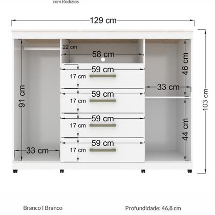 Imagem de Cômoda Com Rodízios 2 Portas 4 Gavetas Master Branco - Santos Andirá