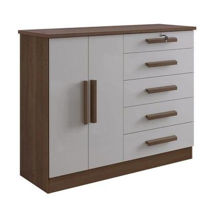 Imagem de Cômoda com Sapateira e 5 Gavetas com Chave e Divisória Porta-Treco Tampo MDF Zeus Castanho/Off White