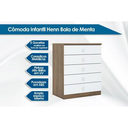Imagem de Cômoda de Quarto Bala Menta c/ 5 Gavetas Branco - Henn