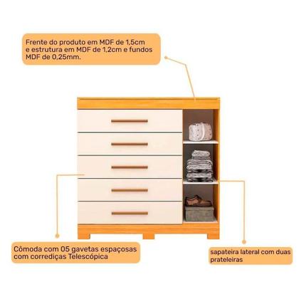 Imagem de Cômoda de Quarto Rayane 1 Porta e 5 Gavetas c/ Sapateira Cinamomo/Off White - ACP