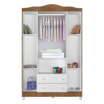 Imagem de Cômoda Gaveteiro E Guarda Roupa Ariel 4 Portas Branco Acetinado Amadeirado - Carolina