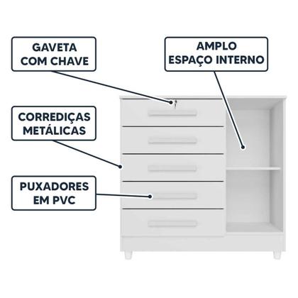 Imagem de Cômoda Grande 5 Gavetas 1 Porta com Chave Elegante Repleta
