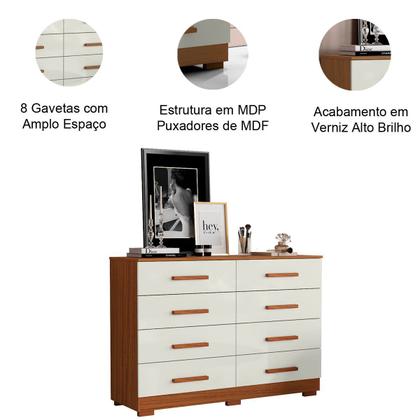 Imagem de Cômoda Grande 8 Gavetas para Quarto Amora Cinamomo/Off White