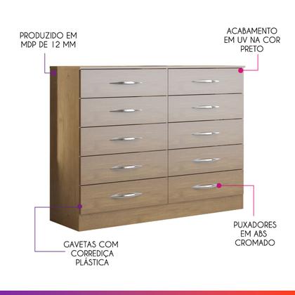 Imagem de Cômoda Grande com 10 Gavetas para Quarto 117 cm Casal Carvalho