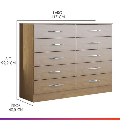Imagem de Cômoda Grande com 10 Gavetas para Quarto 117 cm Casal Carvalho