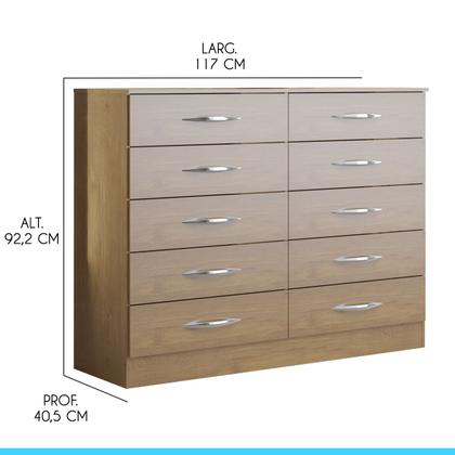Imagem de Cômoda Grande para Quarto Casal com 10 Gavetas 117x92 Cm MDP Carvalho 3017 MENU