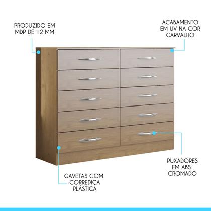 Imagem de Cômoda Grande para Quarto Casal com 10 Gavetas 117x92 Cm MDP Carvalho 3017 MENU