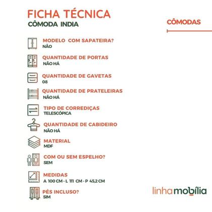 Imagem de Cômoda Índia 08 Gavetas 100% MDF Linhamobília