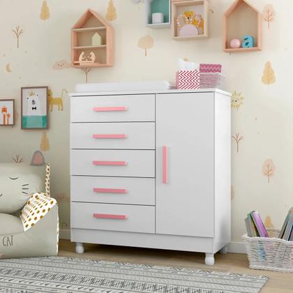 Imagem de Cômoda Infantil 1 Porta e 4 Gavetas Grande 90cm MDF Branca com Corrediças Telescópicas Guarda Roupa Bebê Organizador Quarto Infantil e Adulto Móvel Mo