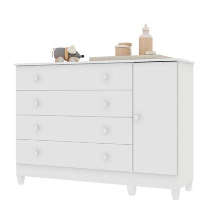 Imagem de Cômoda Infantil 4 Gavetas com Porta Fraldário Taís 100% MDF Branca