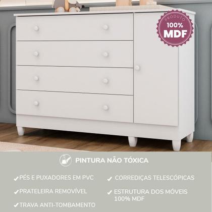 Imagem de Cômoda Infantil 4 Gavetas com Porta Fraldário Taís 100% MDF Branca