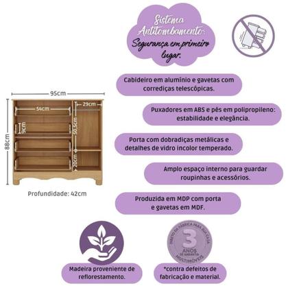 Imagem de Cômoda Infantil 95cm 1 Porta Com Vidro E 4 Gavetas Aurora Multimóveis MP4499 Madeirado/branco